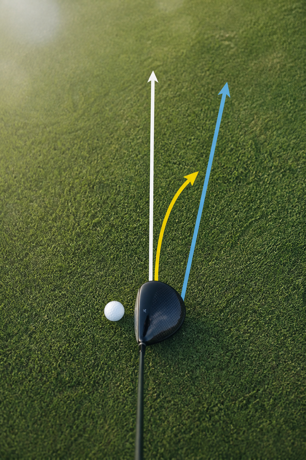 Overhead diagram of impact showing three lines: the target line, a club path arrow angled to the right of it, and a face angle arrow pointing between the two