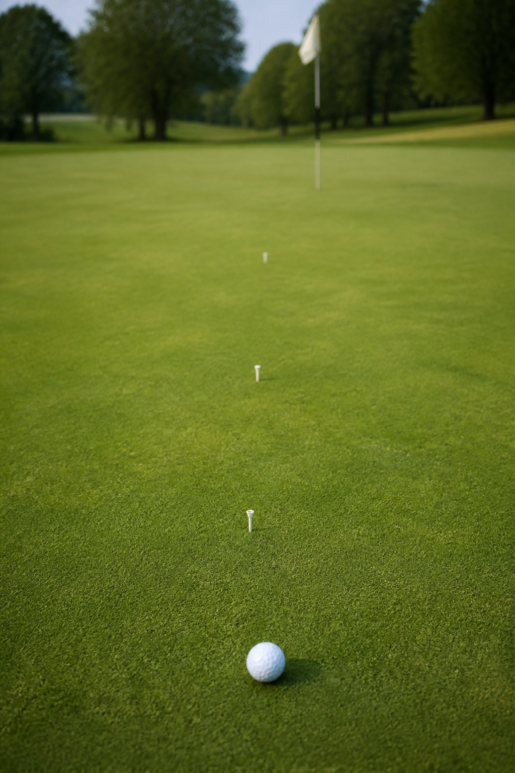Practice green with three tees pushed into the turf at ten, twenty and thirty feet from a hole, and a golf ball waiting at the near end