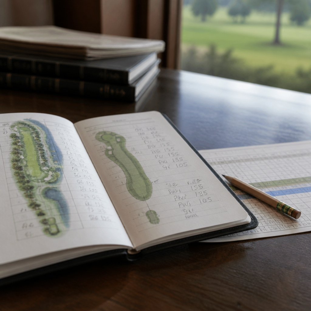Open yardage book on a clubhouse table beside a pencil and a scorecard, with hand-written distances and slope notes on the page